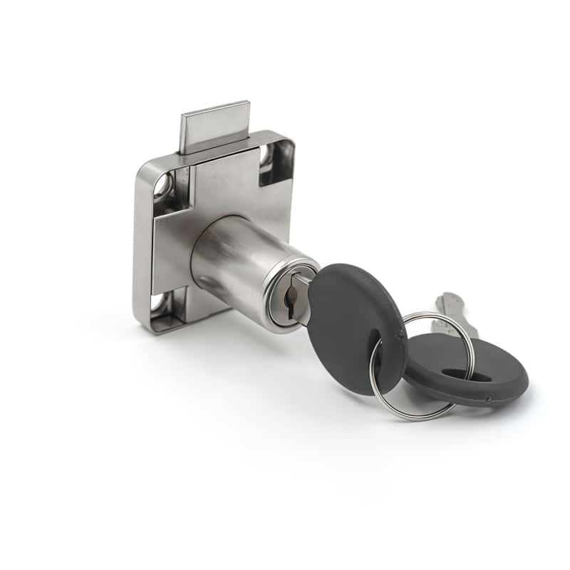 Nickel finish 16mm drawer lock, zinc alloy security fitting for wooden cabinet and wardrobe
